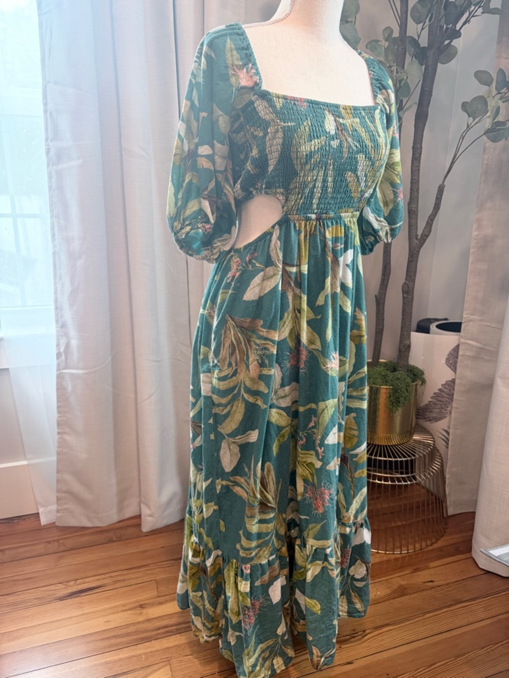 O.P.T Green Tropical Print Cutout Maxi Dress Linen Blend Small
